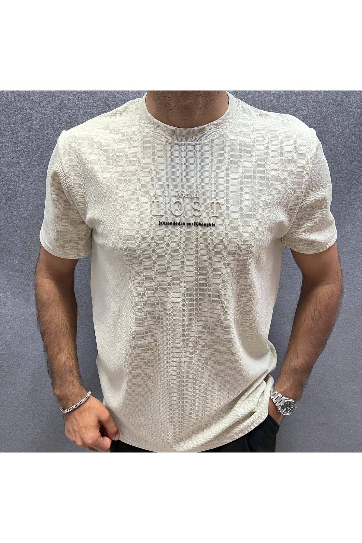 bafatex Erkek Bisiklet yaka jakarlı pamuk karışımlı T-Shirt