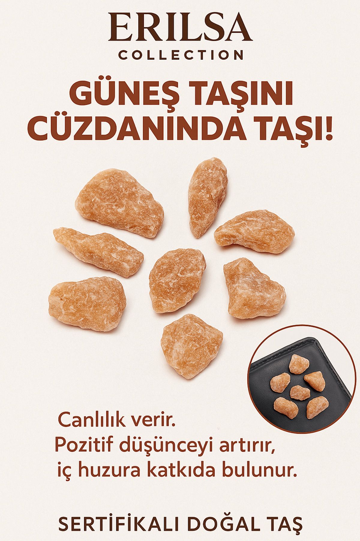 Erilsa Sertifikalı Ham Cüzdan Boy Güneş Taşı Kütle - El Taşı - Neşe, Özgüven ve Günlük Enerji Desteği