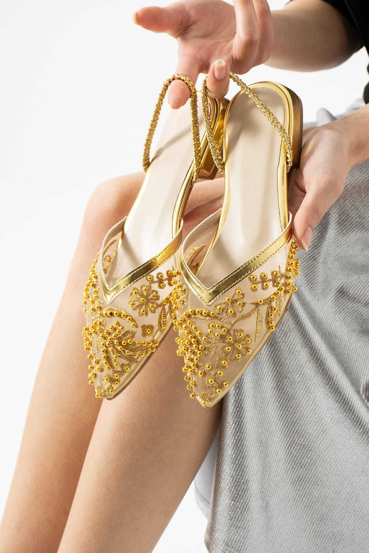 Yula Fashion Shoes Taş ve Nakış İşlemeli Kadın Şık Düz Taban Babet