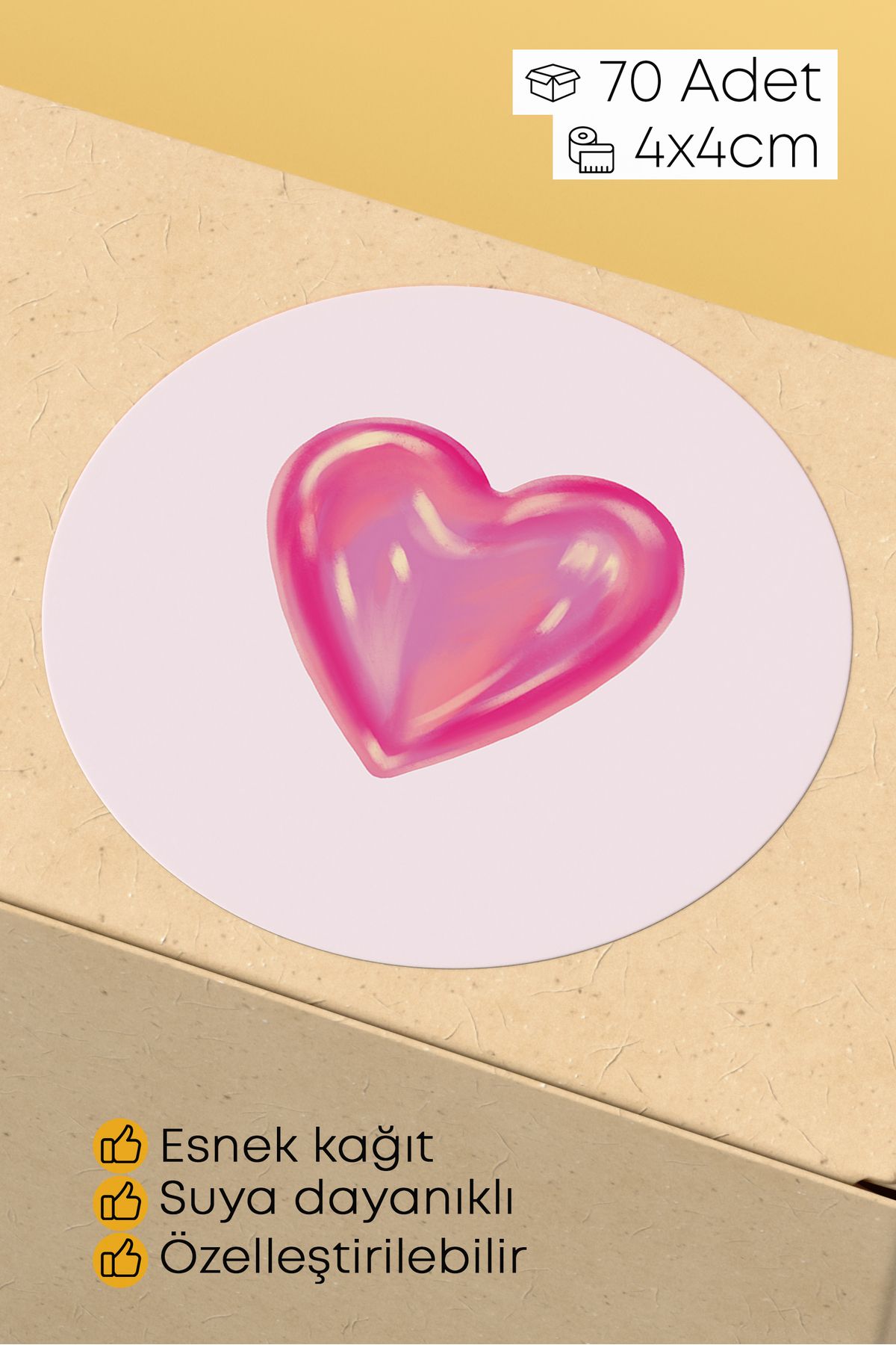 alışveriş kurdu Pembe Kalp İkonlu Sticker Paketleme Kargo Ambalaj Etiketi - 4x4cm 70 Adet Yuvarlak