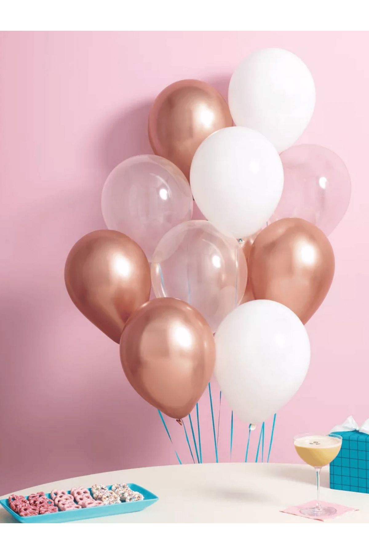 Bunloon 20’li Krom Rose Gold, Pastel Beyaz ve Şeffaf Balon Seti | Zarif Parti Süsleme