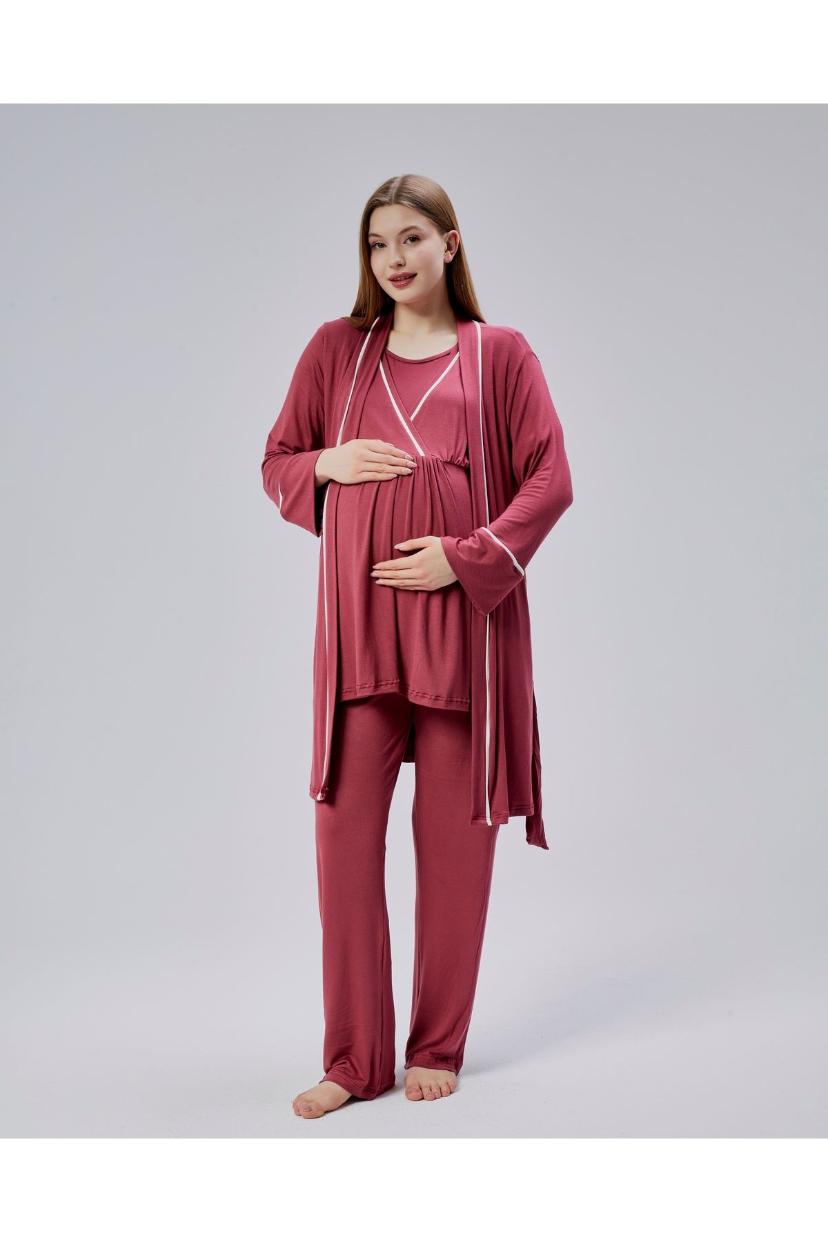 BLACKMORE Bordo Biyeli Kruvaze Gizli Emzirme Özellikli Lohusa Hamile Sabahlıklı 3'lü Pijama Takım