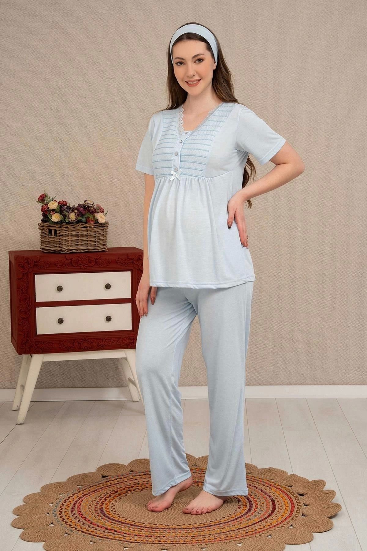 GiyimCity Jakar Sabahlıklı Dantelli Detaylı Lohusa Pijama Takımı