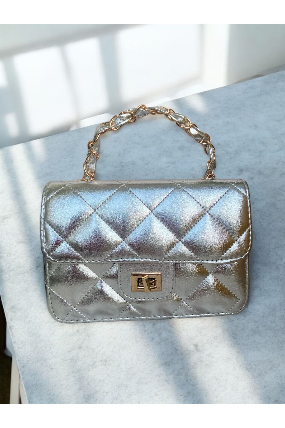 Melos Butik Kadın Gümüş Kilit Kapamalı Mini El Ve Omuz Çantası