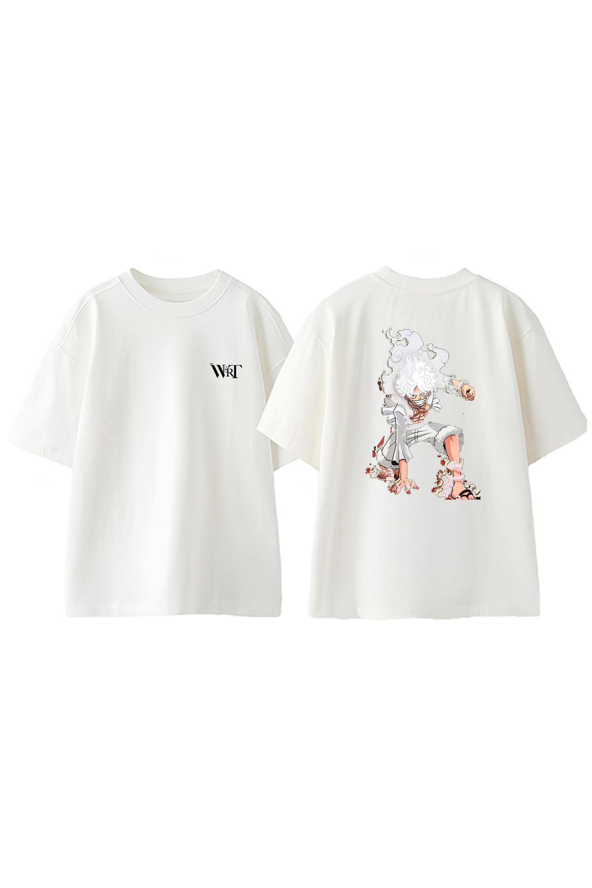 THEWERT One Piece Crazy Luffy Tasarım Sırt Baskılı Pamuk Beyaz Oversize T-shirt