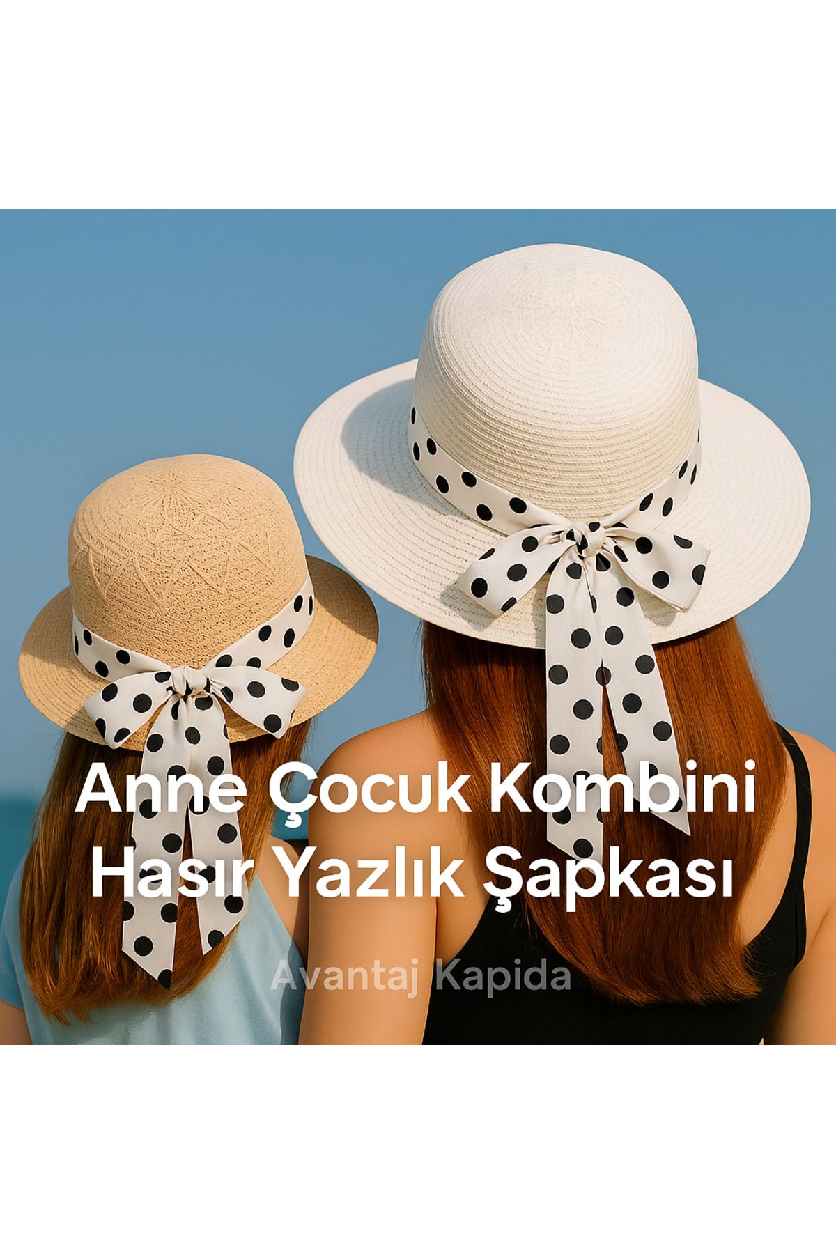 Avantaj Kapıda Anne Kız Kombin Hasır Şapka – Yazlık Geniş Kenarlı, Puantiyeli, Plaj & Güneş Şapkası