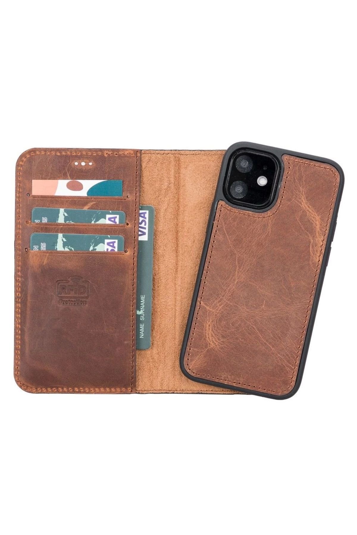 Angoravi Apple iPhone 12 mini Uyumlu Deri Cüzdanlı Kılıf G2 Antik Kahve