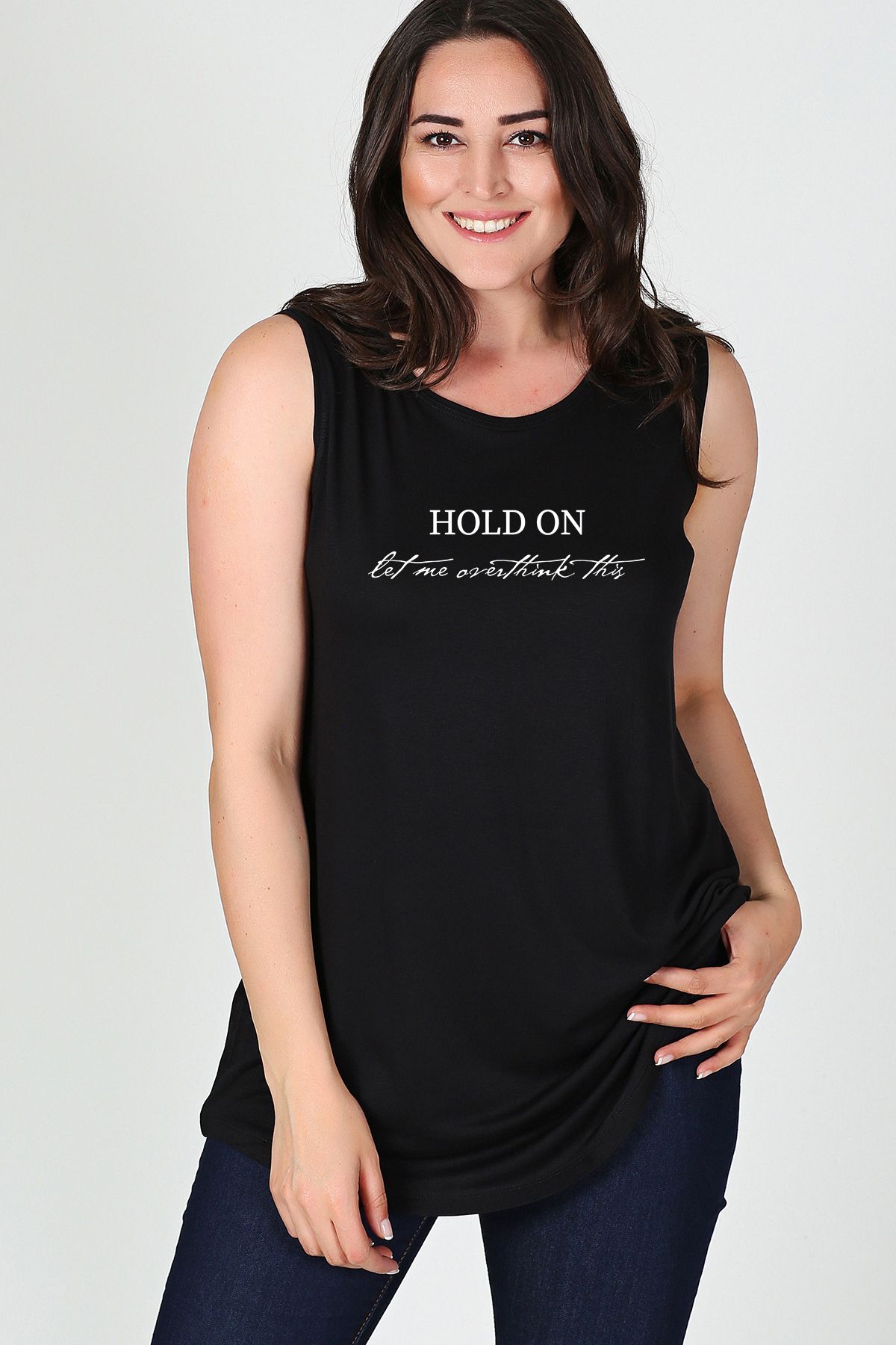 Curvy Trend Büyük Beden Overthink Baskılı Kolsuz Viskon Basic Bluz