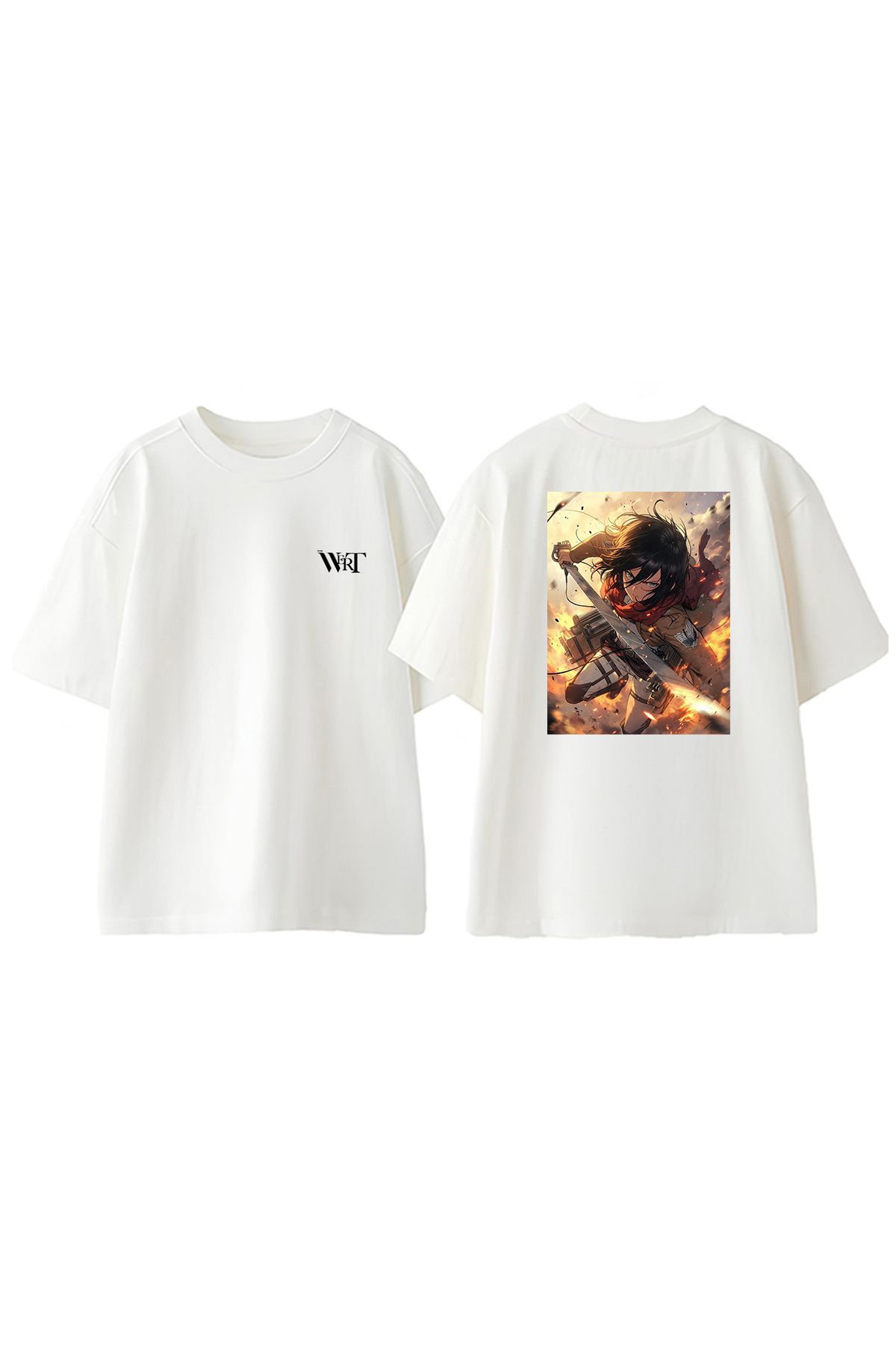 THEWERT Mikasa Ackerman Flying Tasarım Sırt Baskılı Pamuk Beyaz Oversize T-shirt