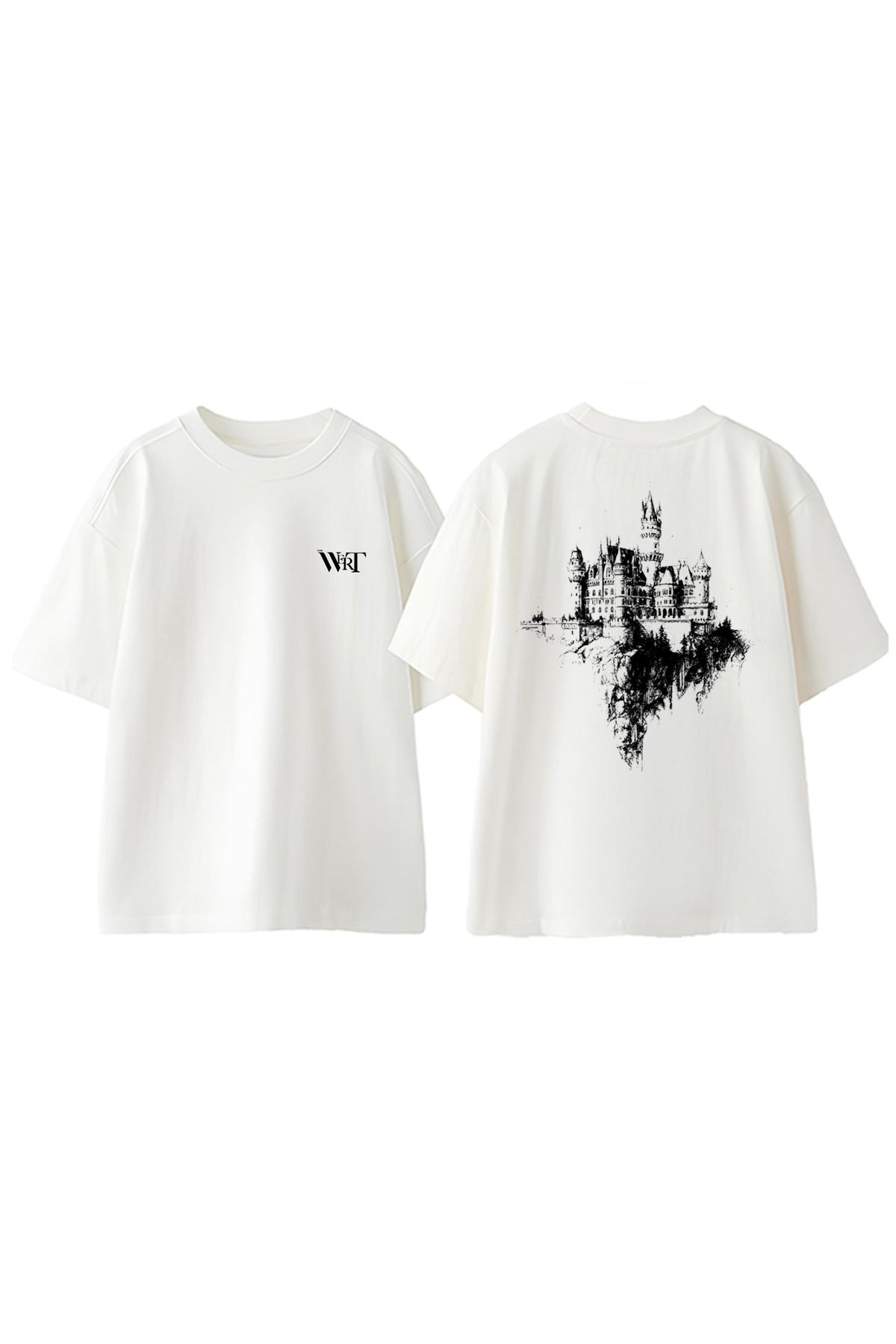 THEWERT Şato Çizim Tasarım Sırt Baskılı Pamuk Beyaz Oversize T-shirt