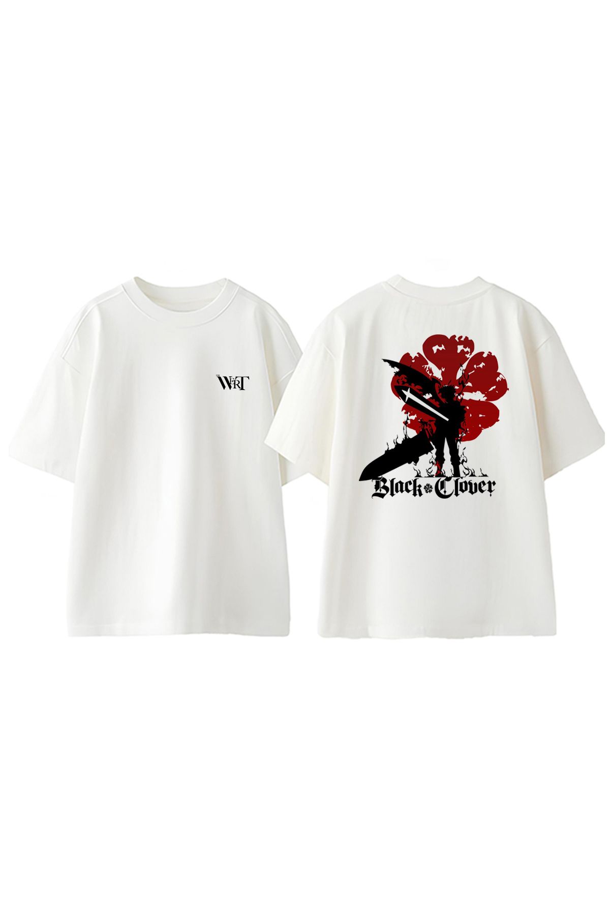 THEWERT Black Clover Tasarım Sırt Baskılı Pamuk Beyaz Oversize T-shirt
