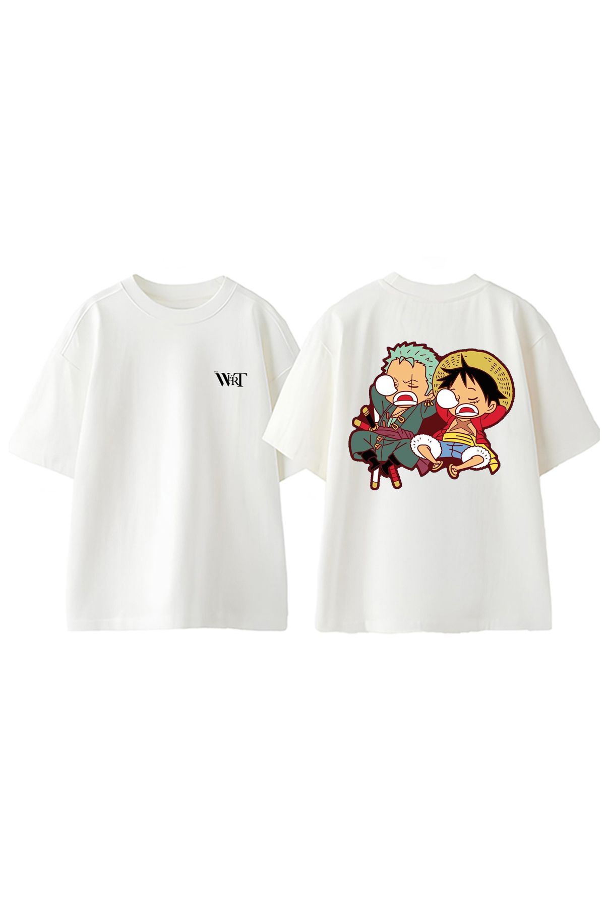 THEWERT One Piece Zoro Luffy Cute Tasarım Sırt Baskılı Pamuk Beyaz Oversize T-shirt