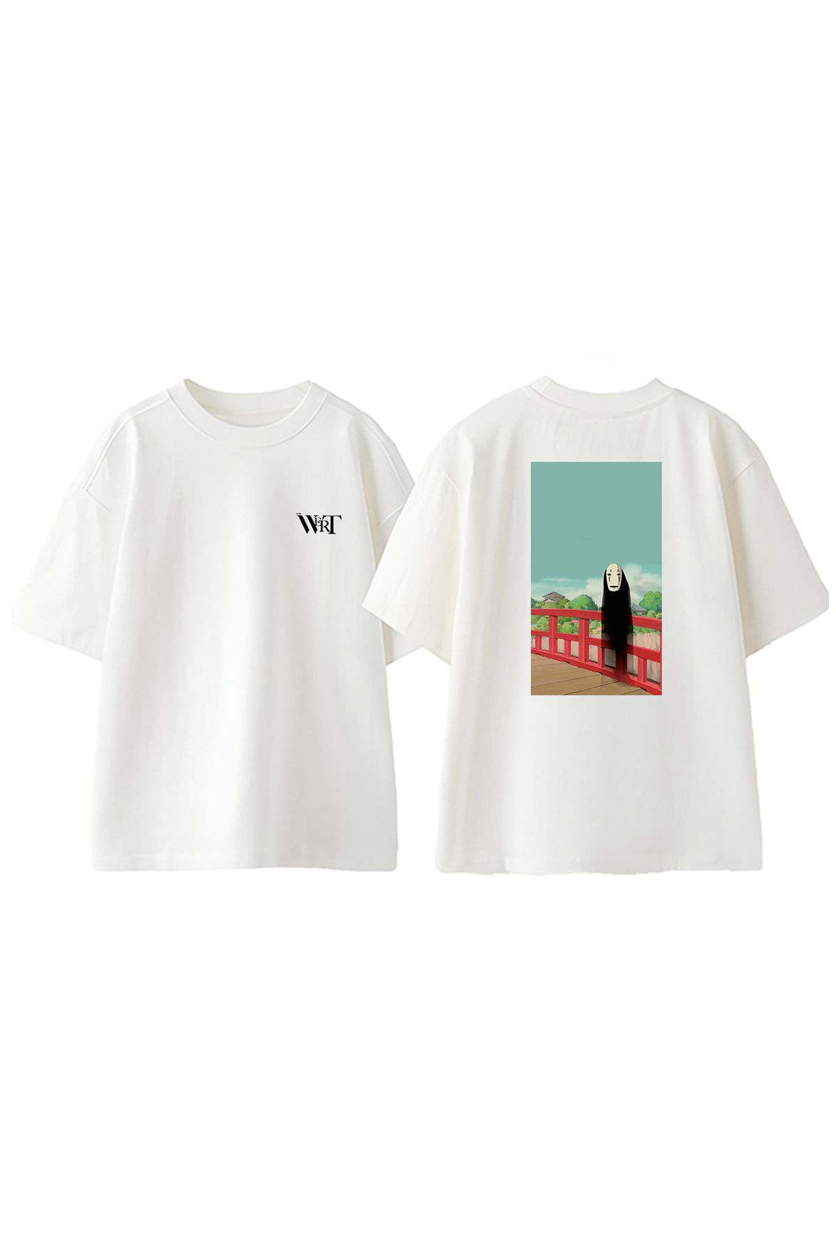 THEWERT Spirited Away No Face Tasarım Sırt Baskılı Pamuk Beyaz Oversize T-shirt