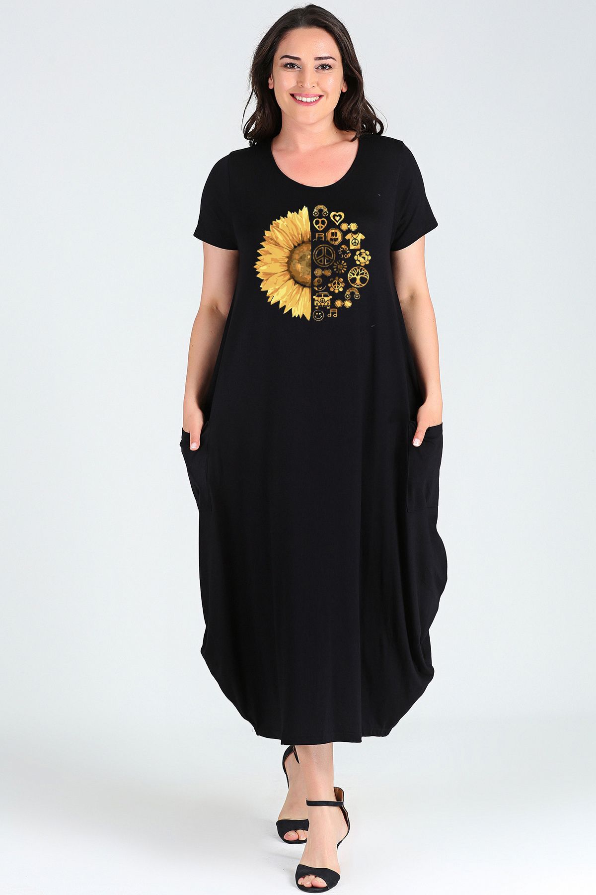 Curvy Trend Rochie Jumbo Cu Mânecă Scurtă Cu Imprimeu Cu Flori De Soare Femeie - 42-44