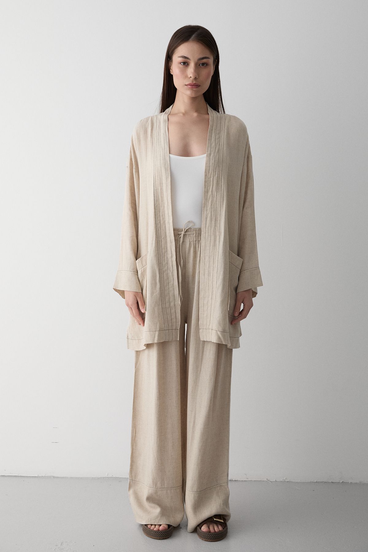 Laluvia Natural %100 Pamuk Cep Detaylı Kuşaklı Kimono Takım - 8491