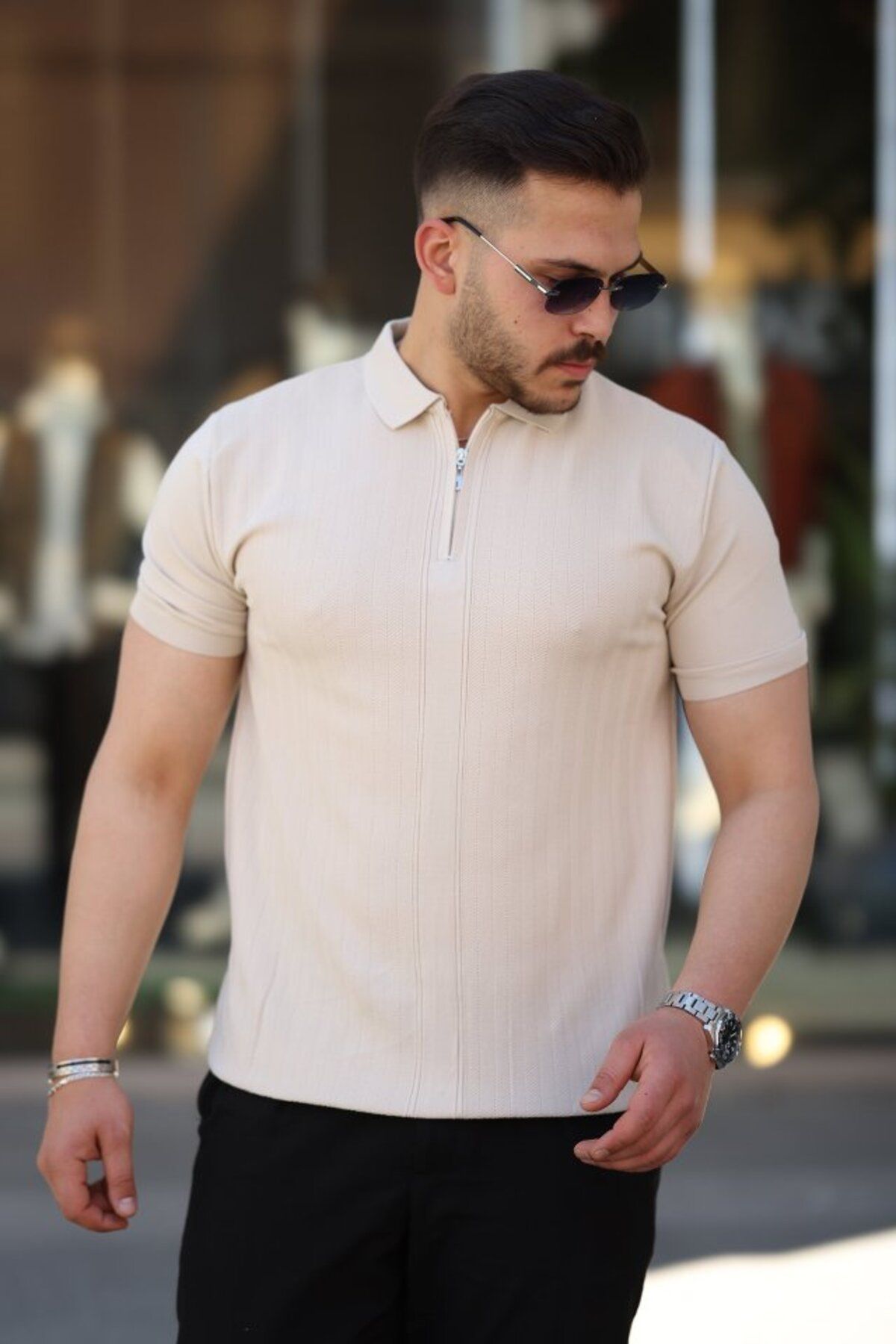 novafems Erkek Yakası Fermuarlı Kısa Kollu T-shirt