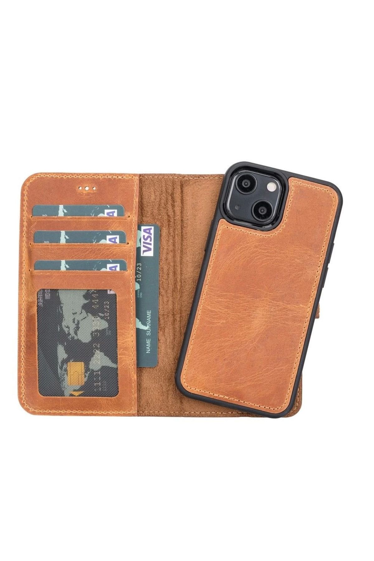 feifei iPhone 13 Mini Uyumlu Deri Cüzdanlı Kılıf G19 Taba