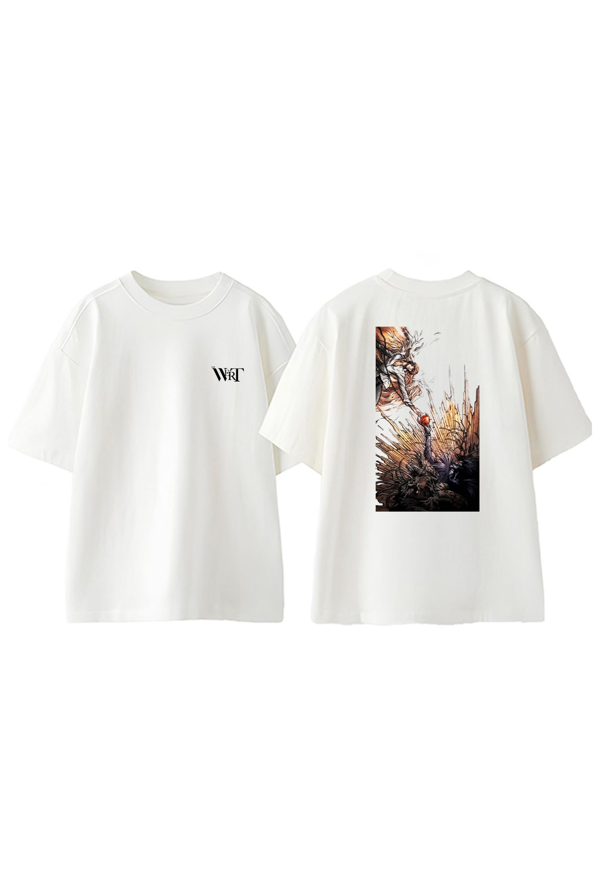 THEWERT Death Note Red Apple Tasarım Sırt Baskılı Pamuk Beyaz Oversize T-shirt