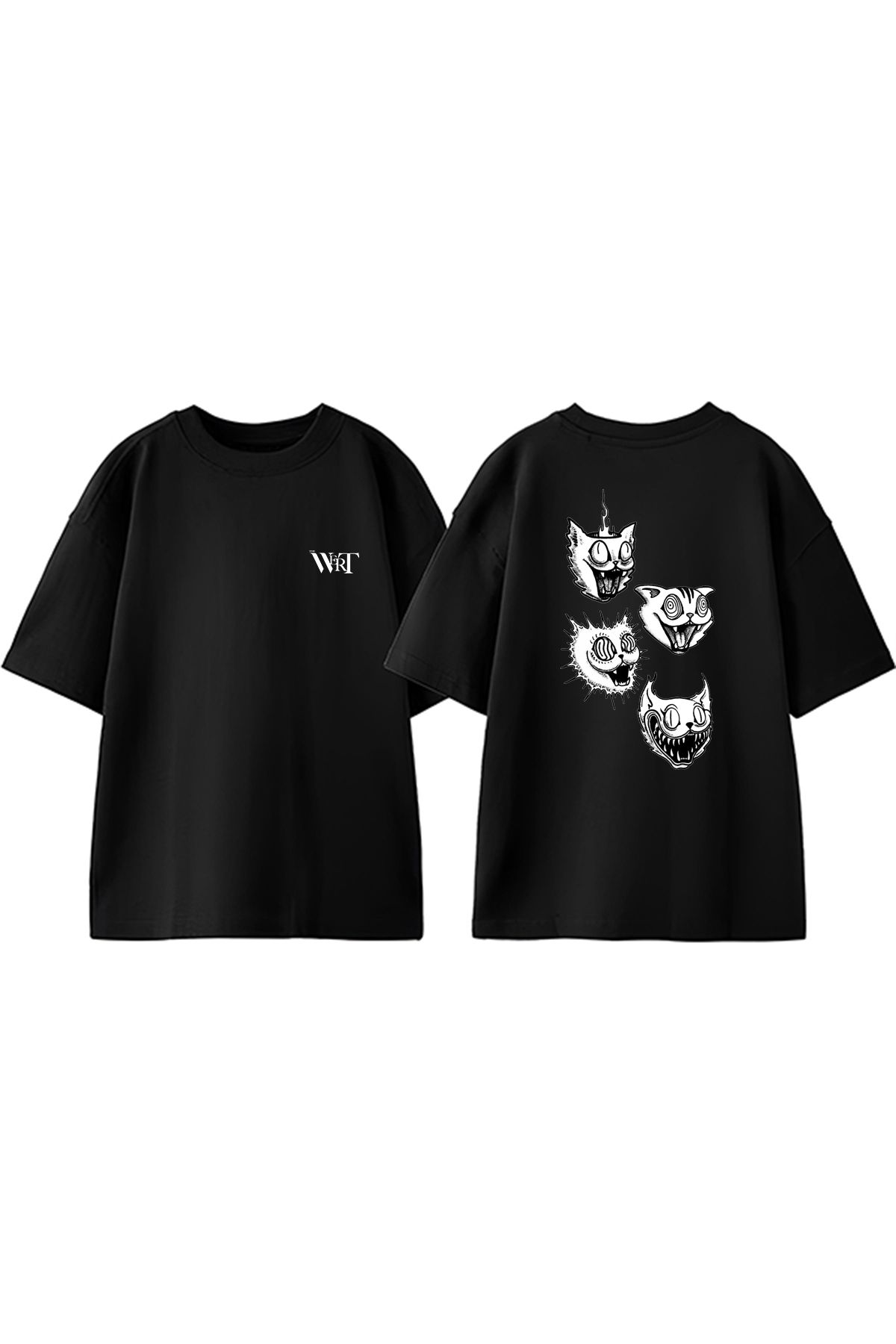 THEWERT Acid Cat Tasarım Sırt Baskılı Pamuk Siyah Oversize T-shirt