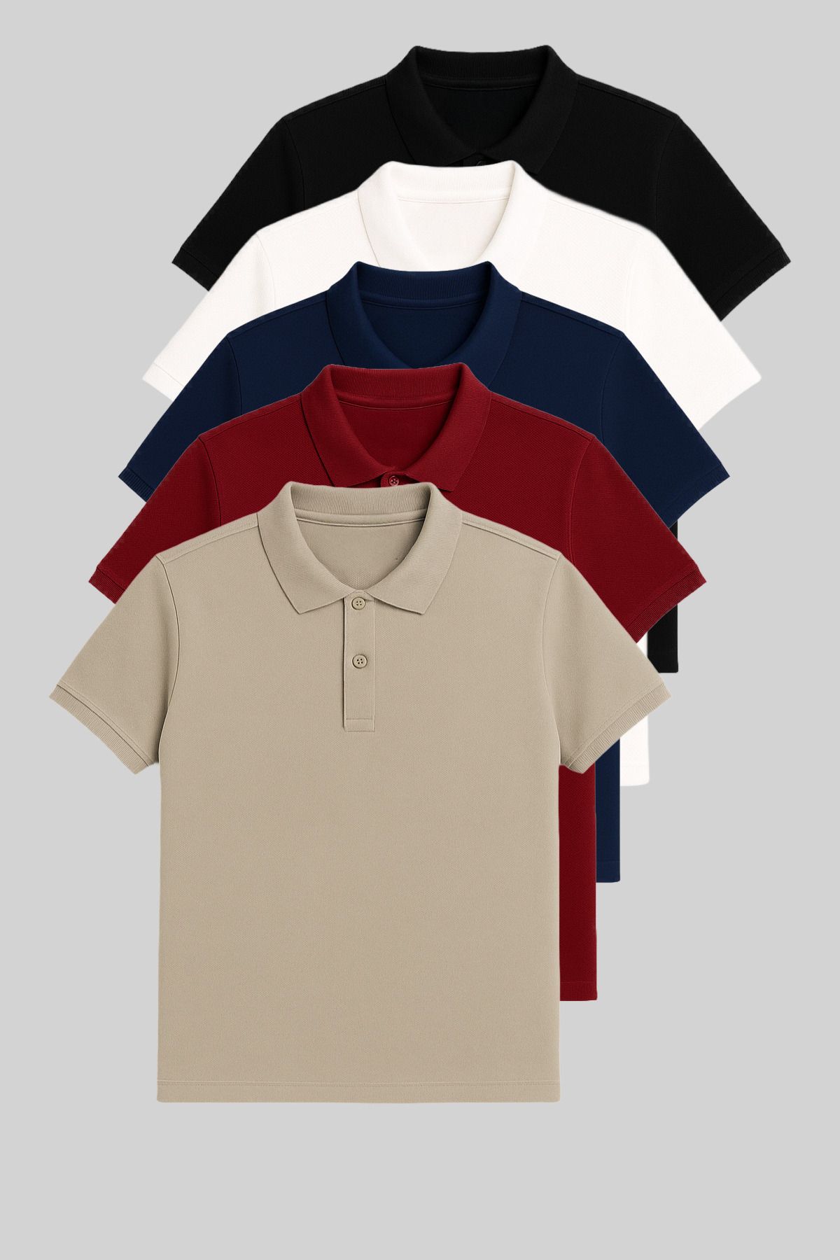 COMBİNE MİCHAİL Erkek 5'Li %100 Pamuk Polo Yaka T-shirt Siyah-Beyaz-Lacivert-Bordo-Gri