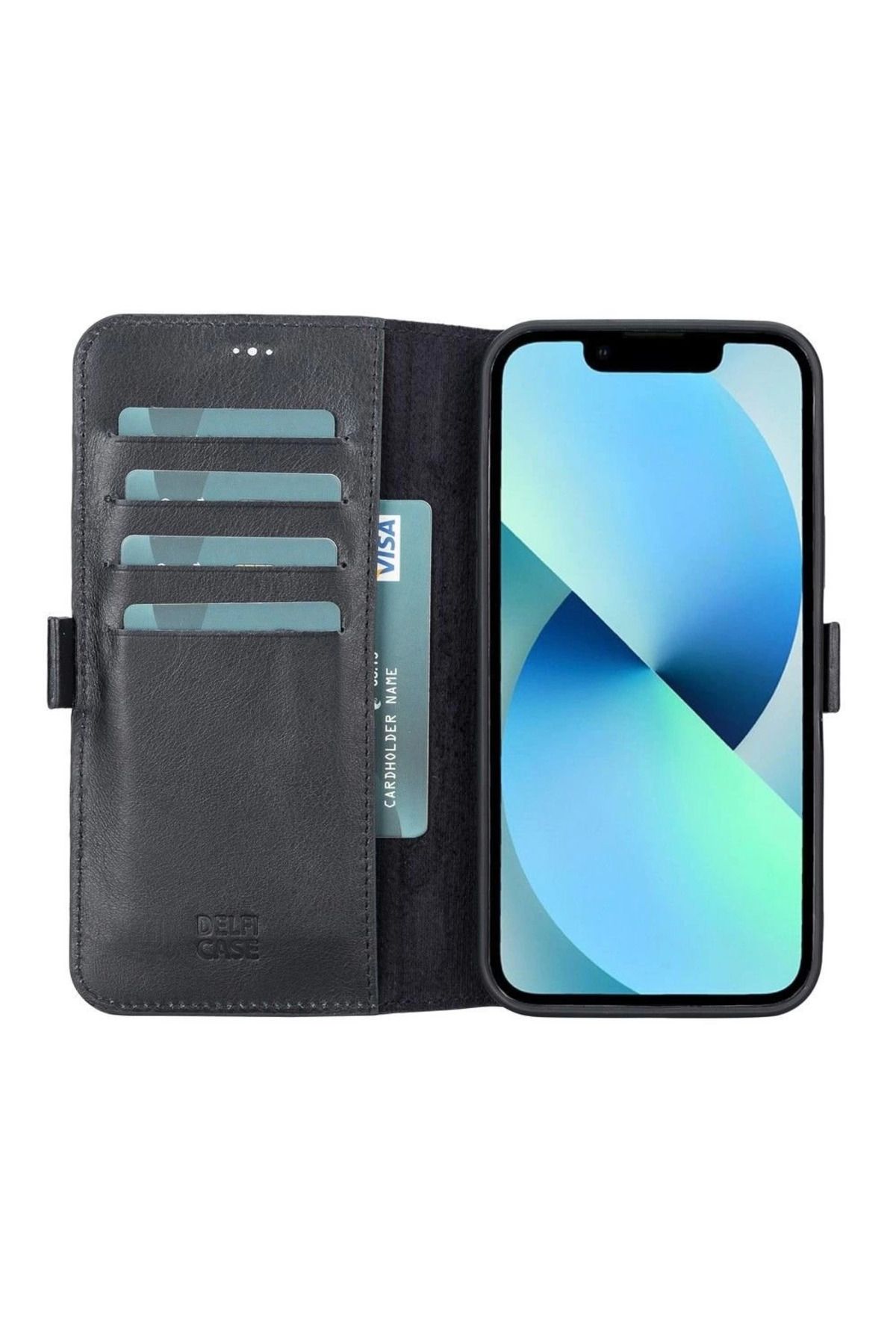 feifei Apple iPhone 13 Pro Max Uyumlu Deri Cüzdanlı Kılıf Siyah