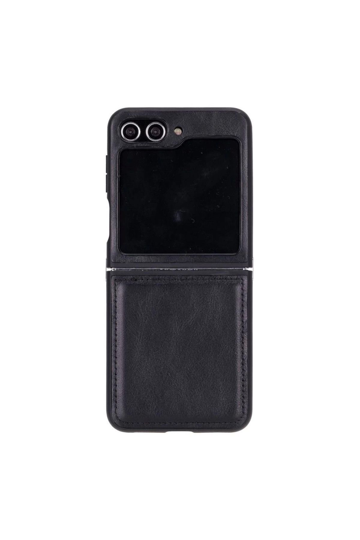 Angoravi Samsung Galaxy Z Flip5 Uyumlu Deri Arka Kapak Parlak Siyah