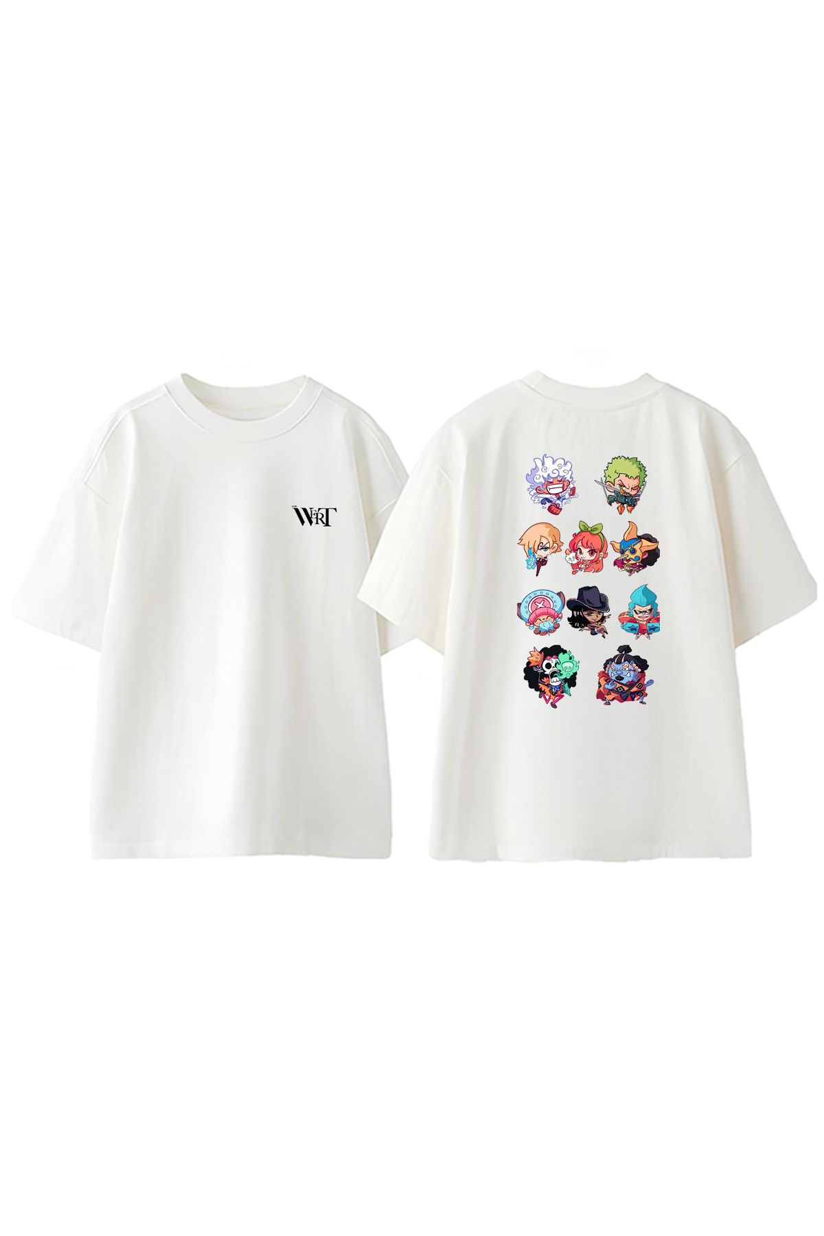 THEWERT One Piece Çizimler Tasarım Sırt Baskılı Pamuk Beyaz Oversize T-shirt