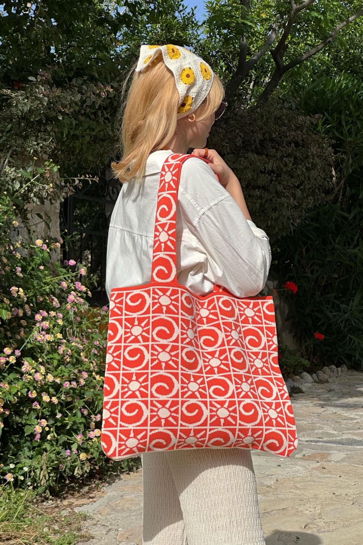 CHUBA Kadın Güneş Jakar Desenli Triko El&Omuz Plaj Çantası Turuncu-Vanilya CHAX815