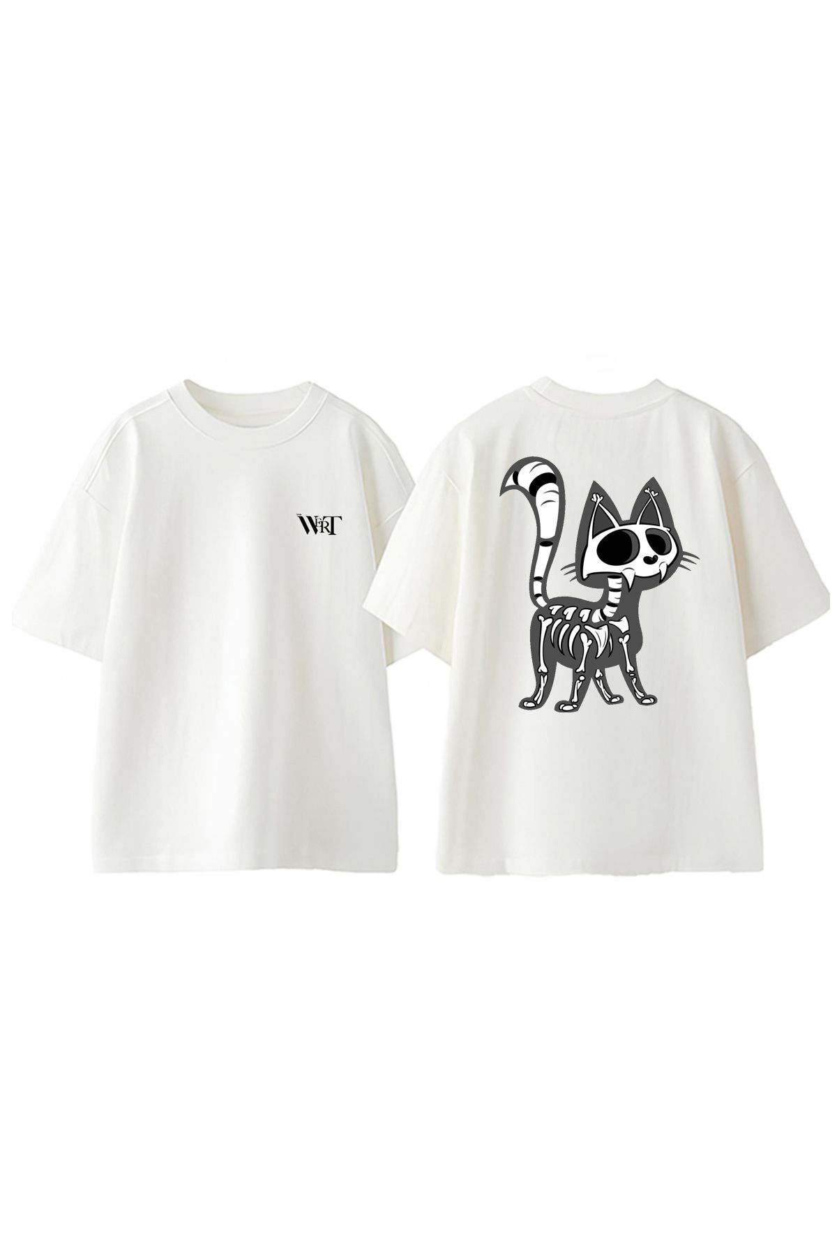THEWERT Kemik Kedi Tasarım Sırt Baskılı Pamuk Beyaz Oversize T-shirt