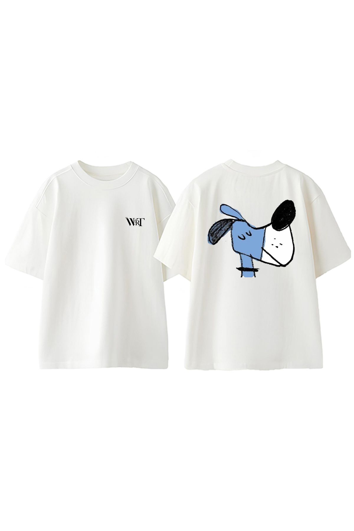 THEWERT Mavi Köpek Tasarım Sırt Baskılı Pamuk Beyaz Oversize T-shirt