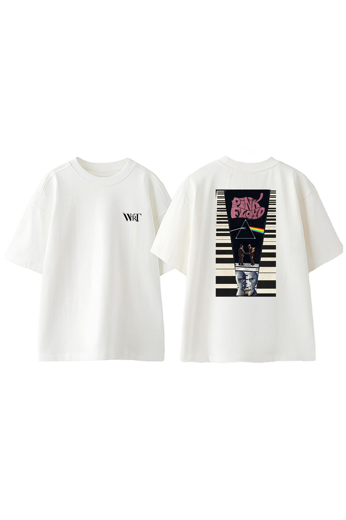 THEWERT Pink Floyd Burning Man Tasarım Sırt Baskılı Pamuk Beyaz Oversize T-shirt