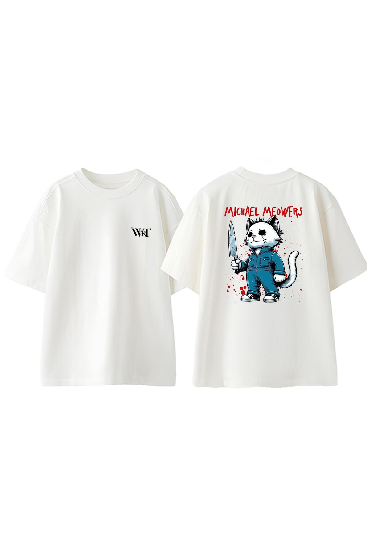 THEWERT Mıchael Meowers Tasarım Sırt Baskılı Pamuk Beyaz Oversize T-shirt