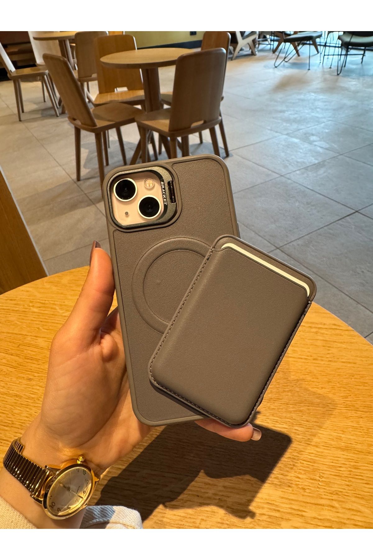 Mois Case İPhone 15 uyumlu Premium titanyum gri deri Magsafe cüzdanlı kartlıklı kamera çerçeve Standlı kılıf