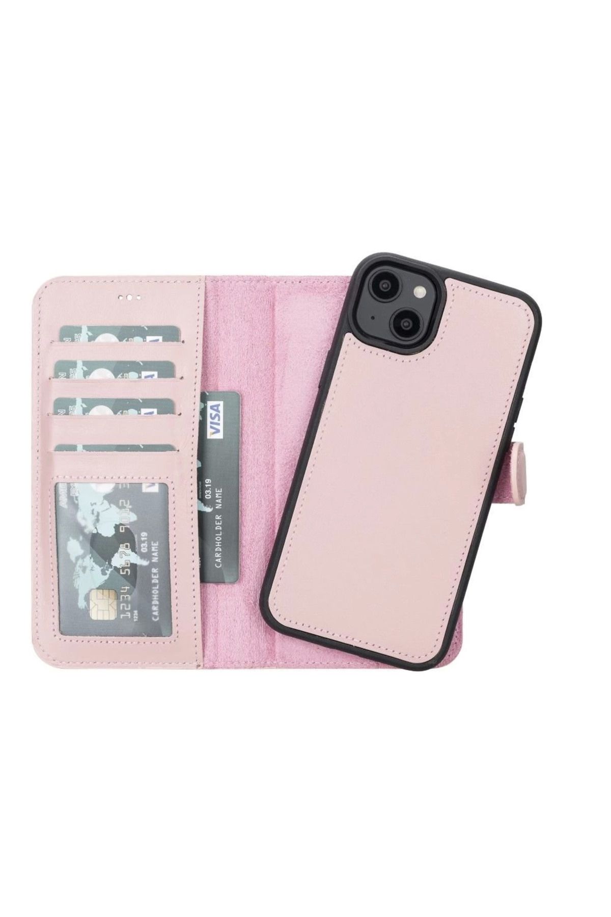 feifei Apple iPhone 14 Plus Uyumlu Deri Cüzdanlı Kılıf MWWN NU2 Pembe