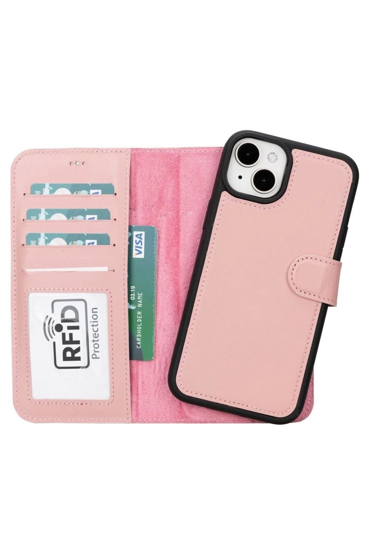 Angoravi Apple iPhone 15 Plus Uyumlu Deri Cüzdanlı Kılıf MWWN NU2 Pembe