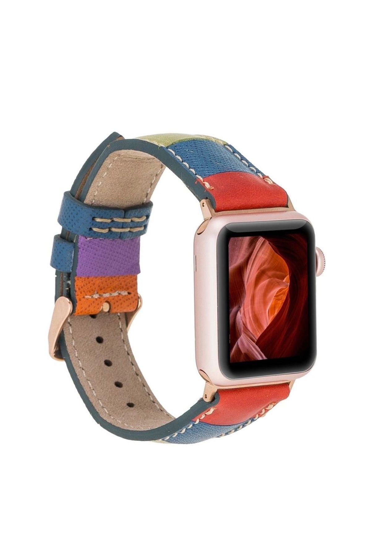 Angoravi Apple Watch Uyumlu Deri Kordon 42-44-45mm Gökkuşağı