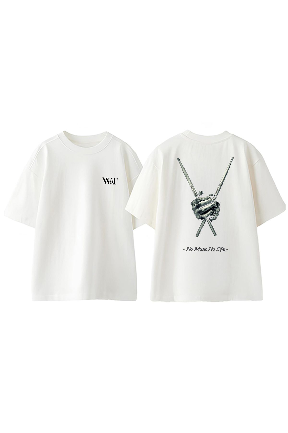 THEWERT No Music No Life Tasarım Sırt Baskılı Pamuk Beyaz Oversize T-shirt
