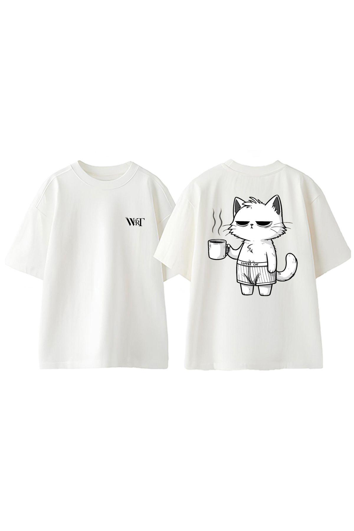 THEWERT Coffee Cat Tasarım Sırt Baskılı Pamuk Beyaz Oversize T-shirt
