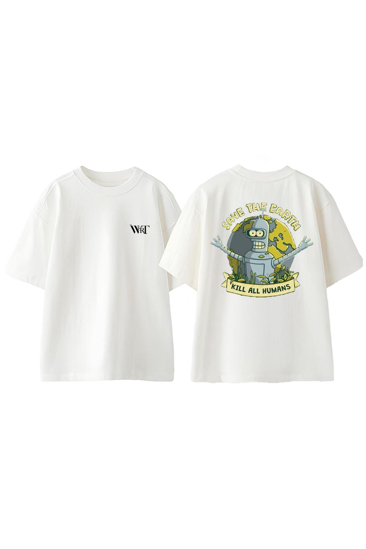 THEWERT Bender Save The Earth Tasarım Sırt Baskılı Pamuk Beyaz Oversize T-shirt
