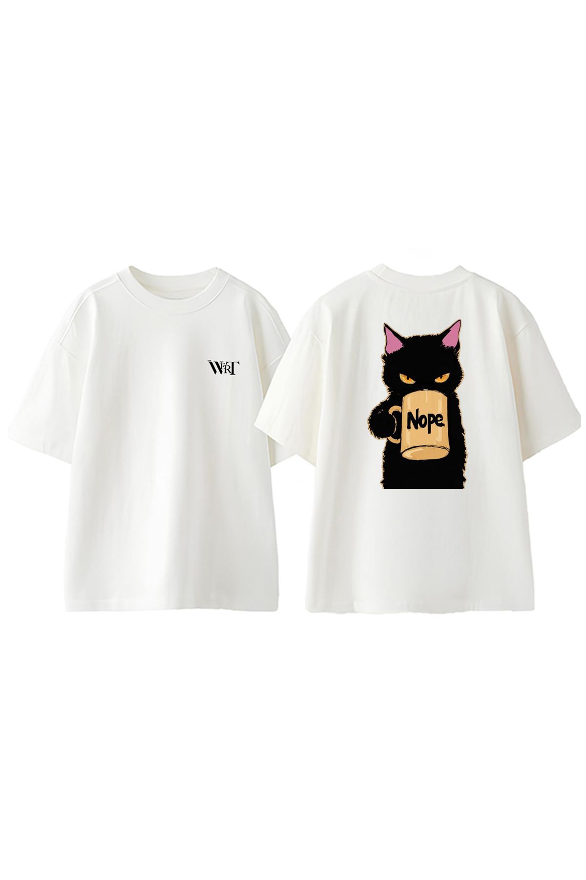 THEWERT Nope Cat Tasarım Sırt Baskılı Pamuk Beyaz Oversize T-shirt
