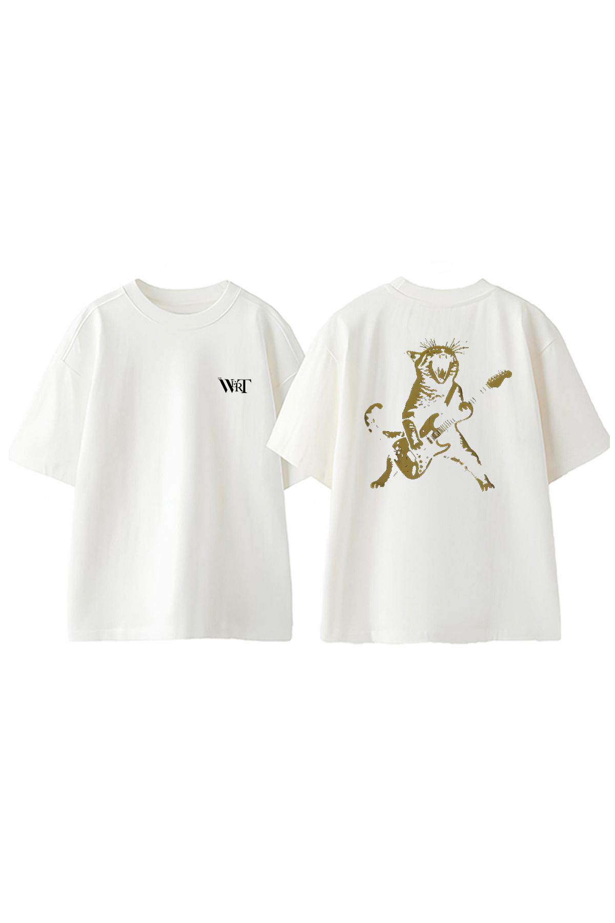 THEWERT Metal Sarı Kedi Tasarım Sırt Baskılı Pamuk Beyaz Oversize T-shirt