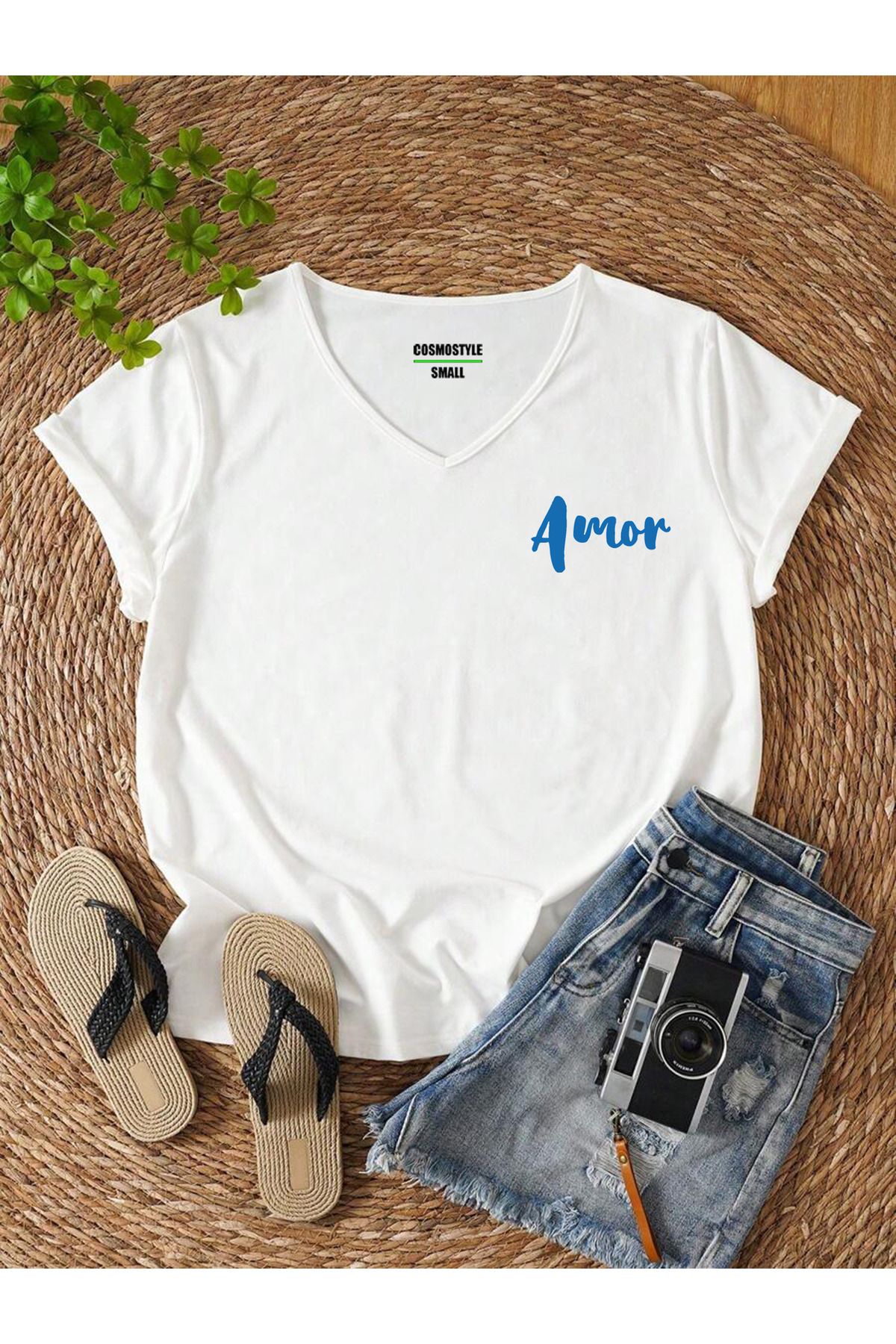 Cosmo Style amor basklı v yaka t-shirt normal kalıp/casual pamuklu t-shirt