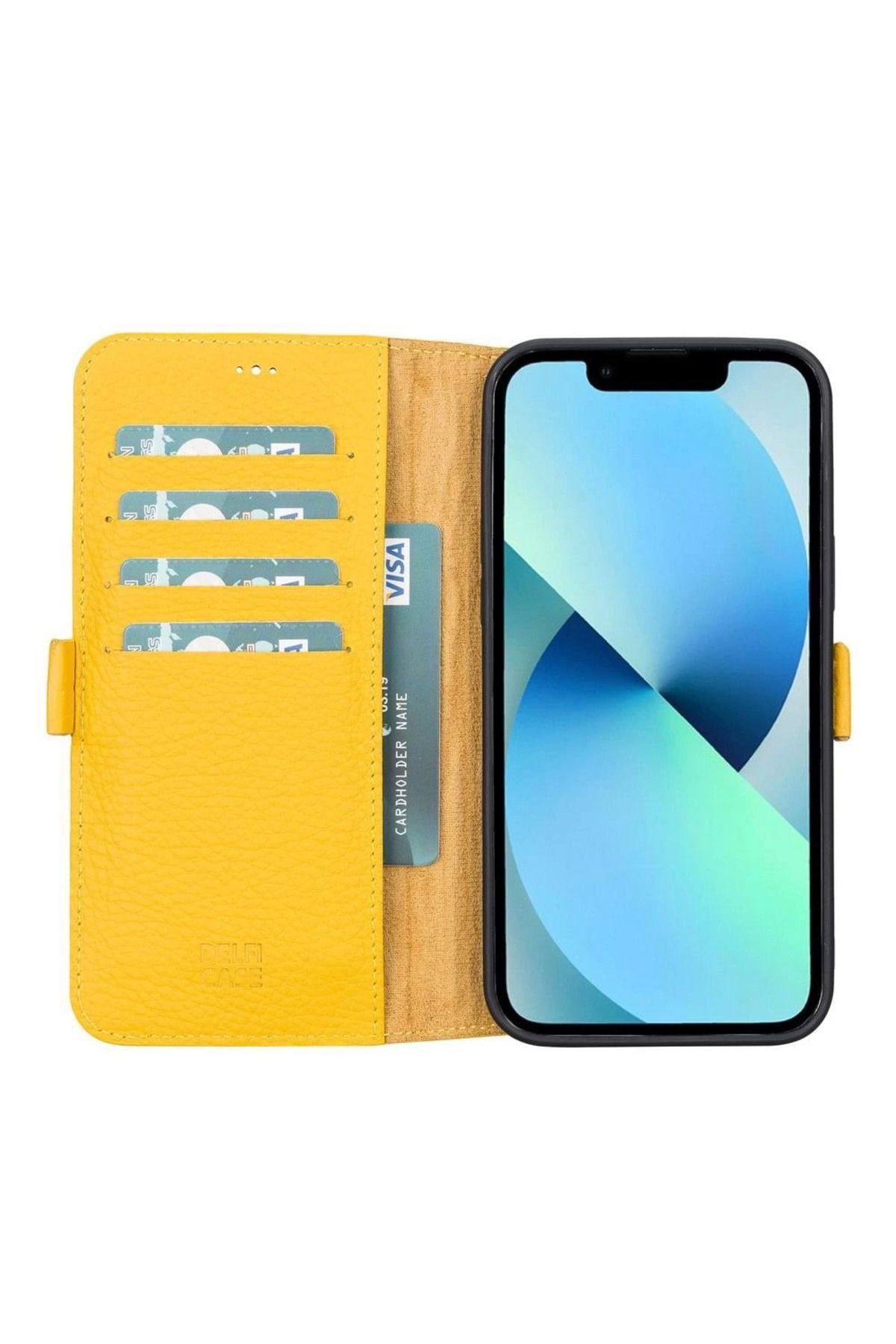Angoravi Apple iPhone 13 Pro Uyumlu Deri Cüzdanlı Kılıf Limon Sarı