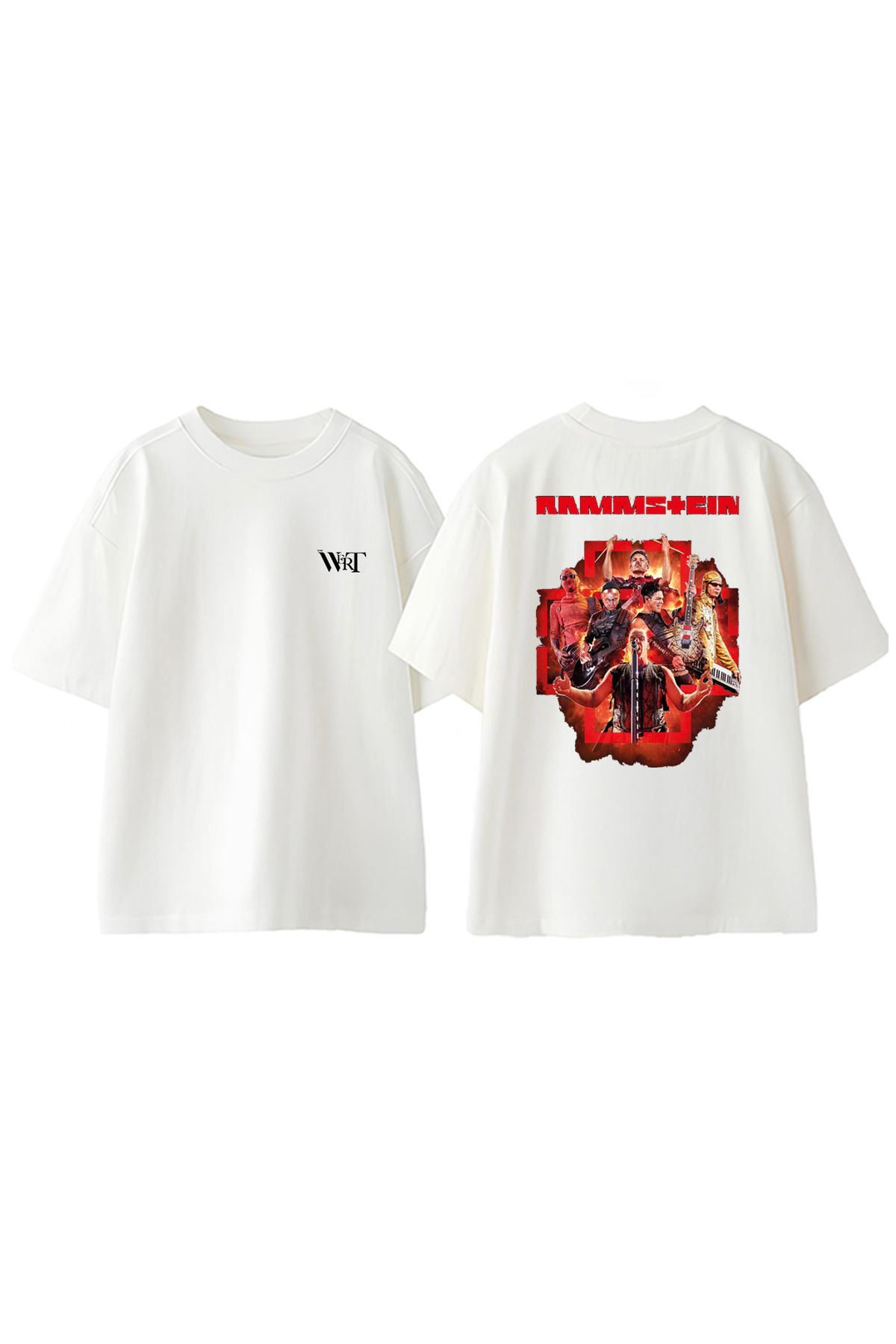 THEWERT Rammstein Collage Plakat Tasarım Sırt Baskılı Pamuk Beyaz Oversize T-shirt
