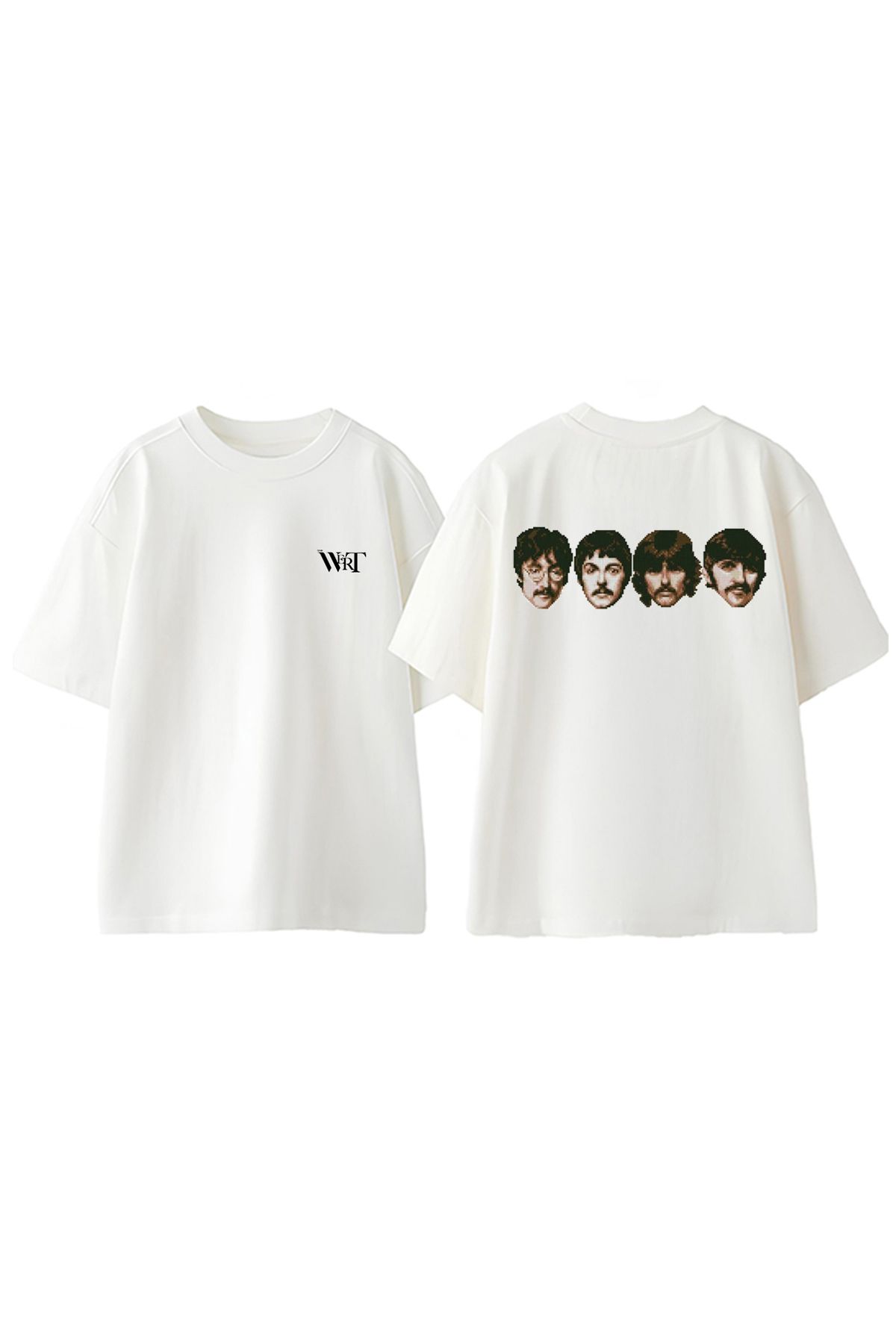 THEWERT The Beatles Heads Tasarım Sırt Baskılı Pamuk Beyaz Oversize T-shirt