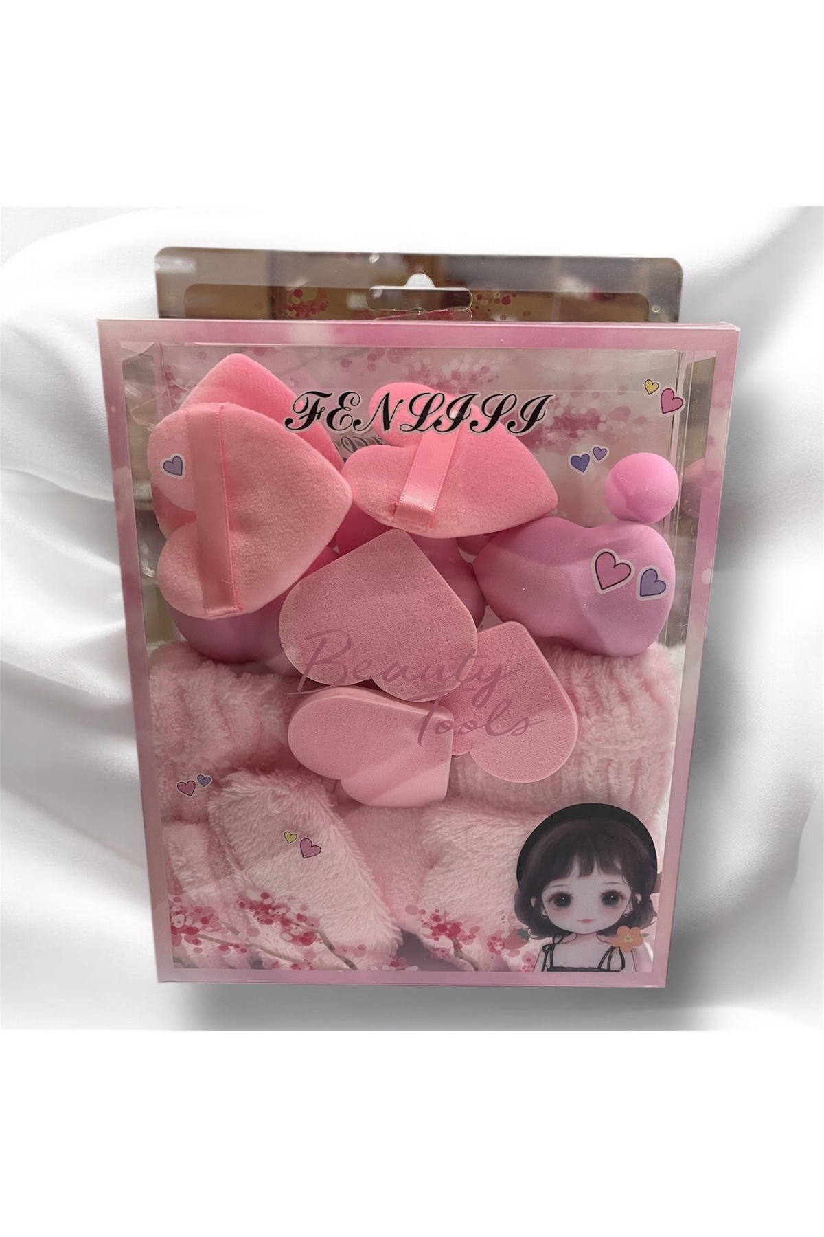 Pembe Kurdele Figürlü Havlu Saç Bandı/Makyaj Süngeri/Pudra Süngeri/Su Emici Havlu Bileklik Set 14'lü — VT2200018 — تصویر 5 از 6