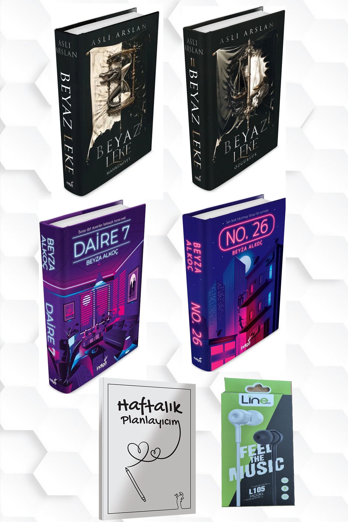 İndigo Kitap CİLTLİ-BEYAZ LEKE 1 VE 2-DAİRE 7-NO 26+HAFTALIK PLANLAYICIM 52 (HAFTA)KULAKLIK