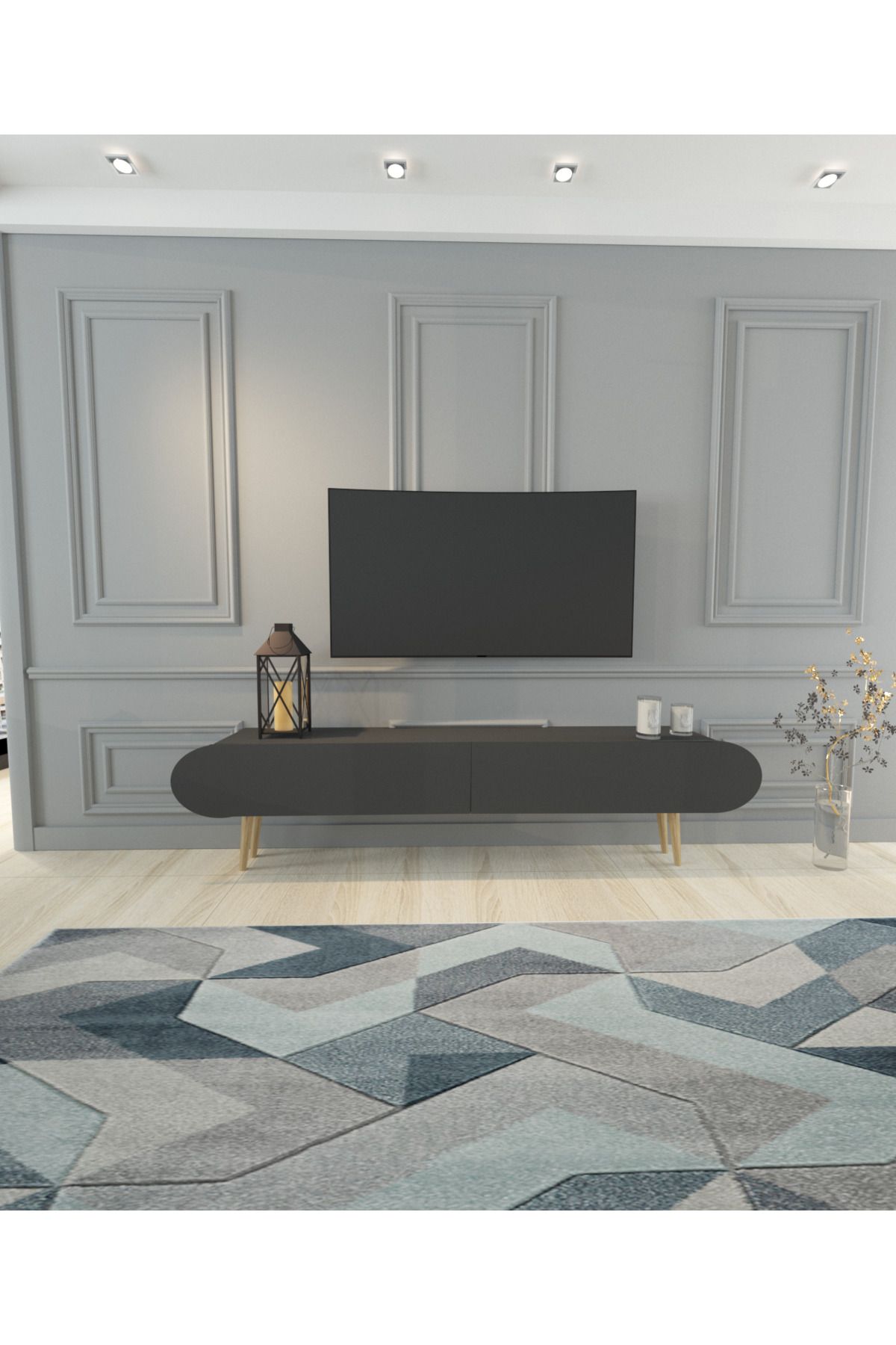 MOBİLYA GEZEGENİ Letas 120 cm ahşap ayaklı antrasit tv ünitesi oval kapaklı