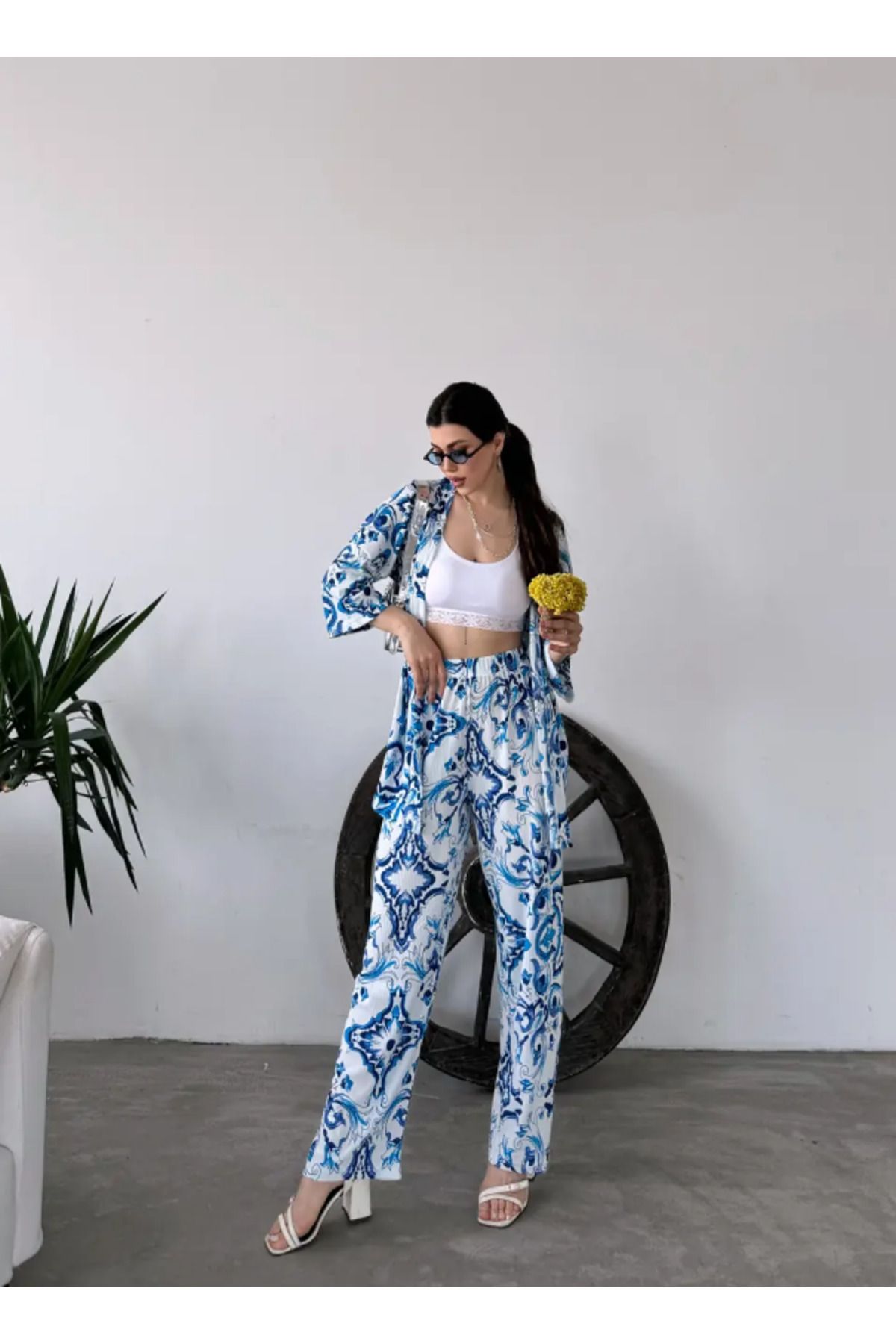 SWEATEE Kadın Desenli Alt Üst Açık Mavi Yazlık Kimono Pantolon Takım