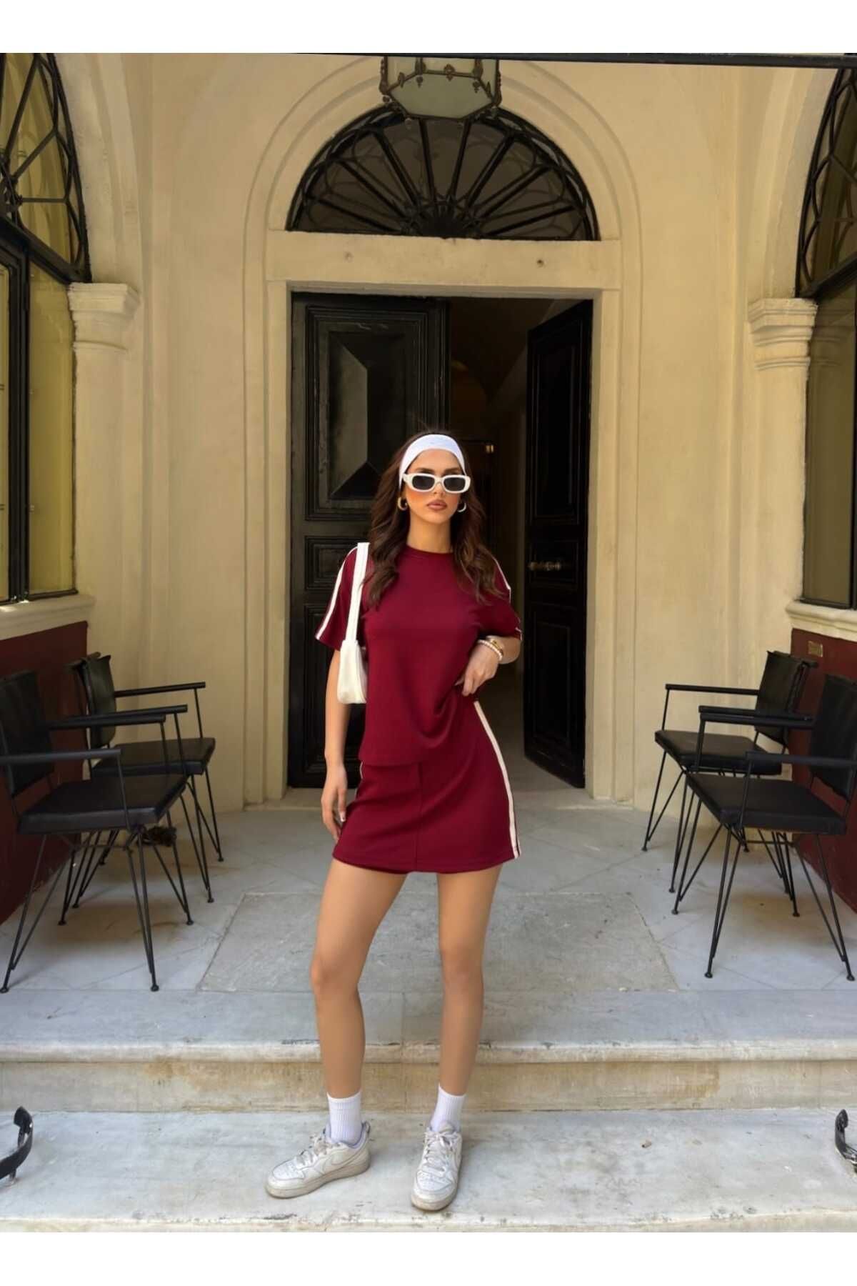 moda poni Şerit Detaylı T-shirt-Şort Etek İkili Takım